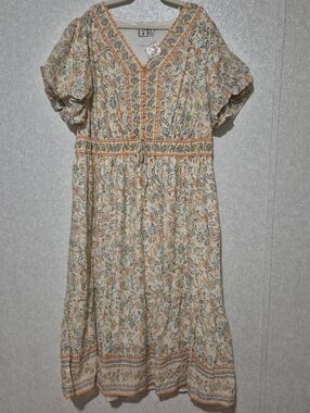 NWT LÉA Floral Boho V-Neck MAXI Dress in Cream with Orange & Blue..SIZE:3X
